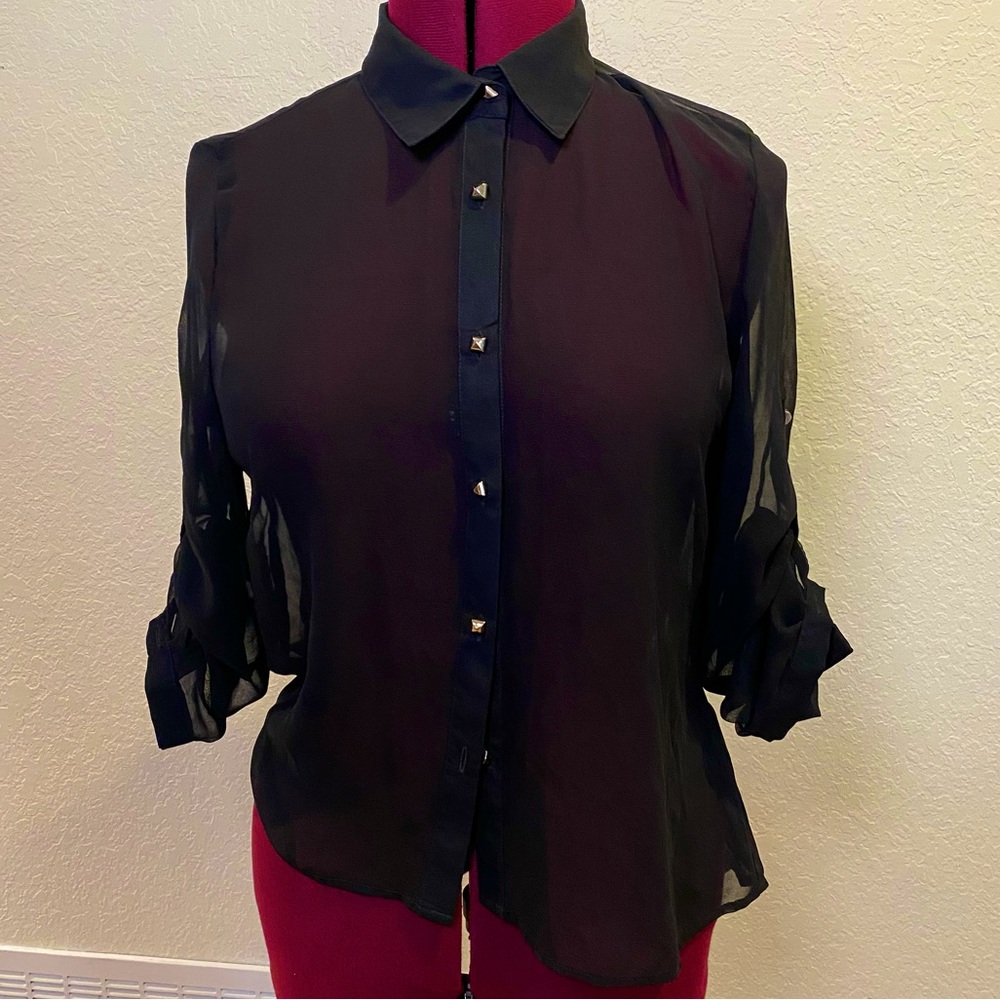 Cecico | Black Sheer Long Sleeve Button Up Blouse L 🌟